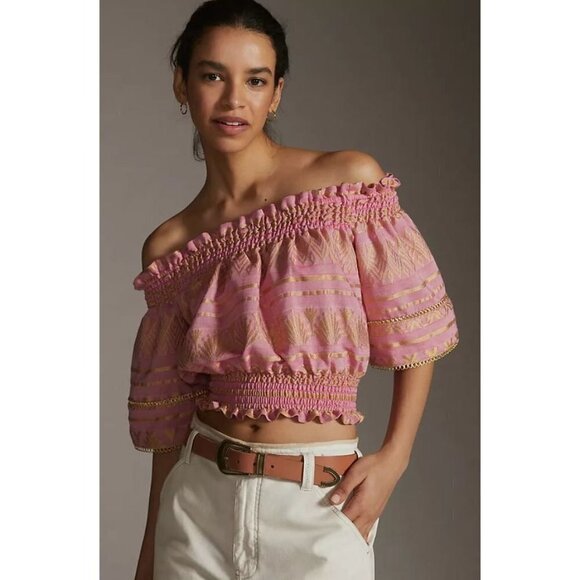 Anthropologie Kasia Off The Shoulder Crop Top Pink Gold Size M NEW - Picture 3 of 8